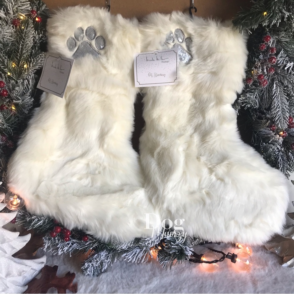 2 Nicole Miller Faux Fur Silver Sequin Dog Paw Pet Stocking